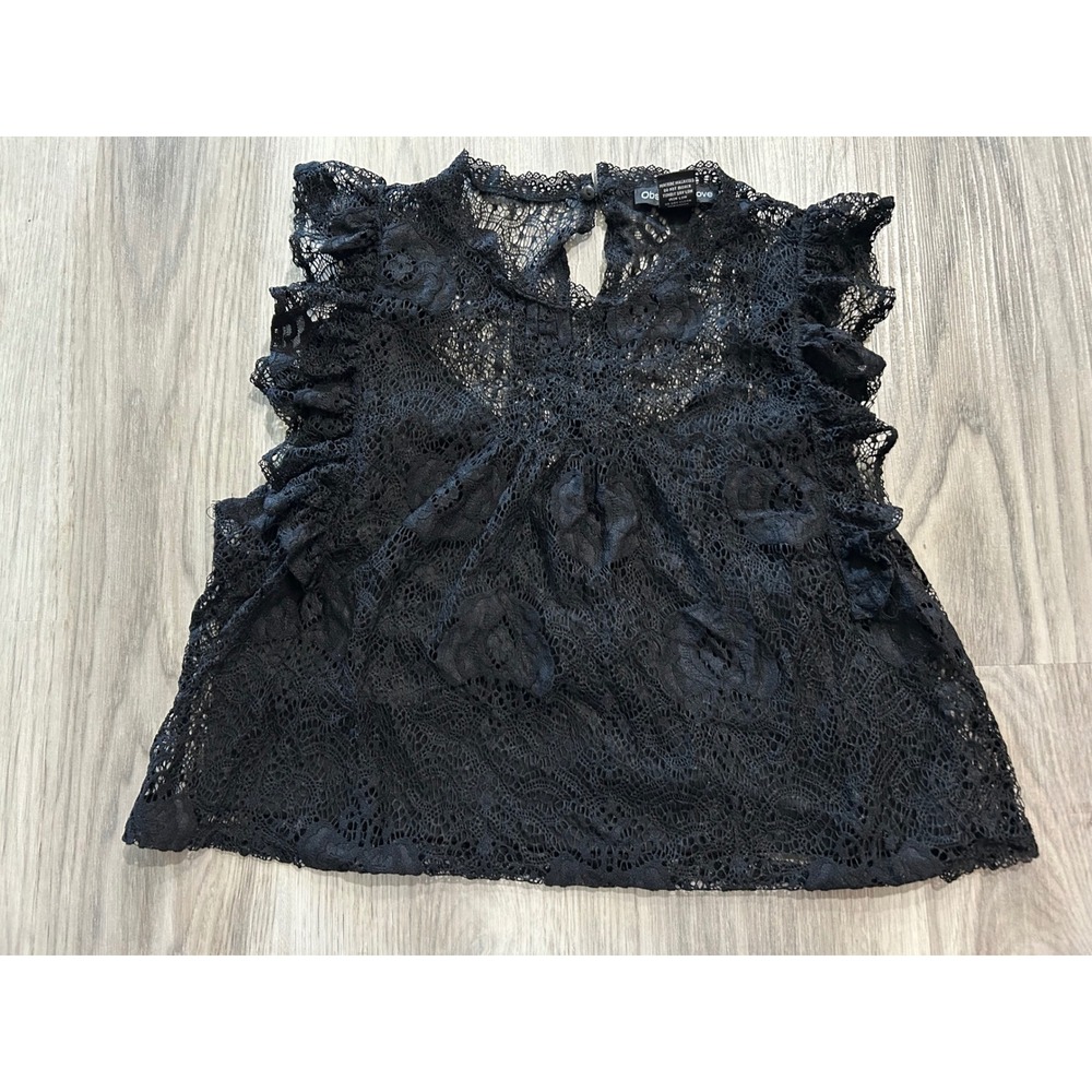 Obsessive Love Womens Ruffle Floral Lace Sleeveless Blouse Nylon XL Black Top